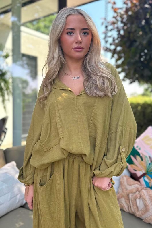 Sandbar Linen Blend Pop Over Shirt Olive